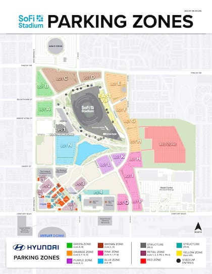 Estas son las zonas de estacionamiento disponibles en la sede de Los Ángeles (Foto: SoFi Stadium)