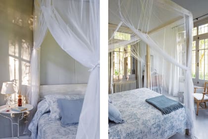 Este cuarto de huéspedes tiene el lujo de dos ventanas en ángulo, una de tres paños.