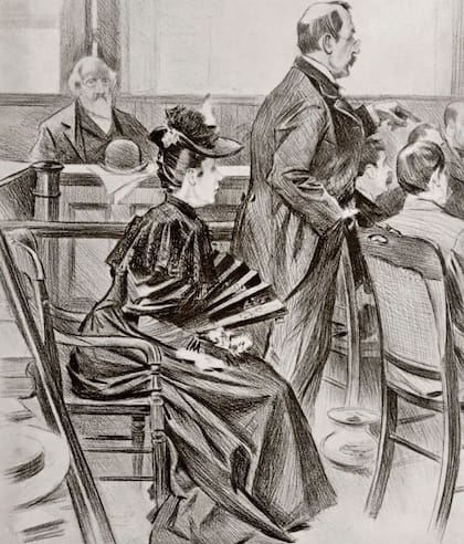 Este dibujo de la época del proceso muestra a Lizzie Borden con su abogado, quien le aconsejó que vistiera de negro, según el historiador Joseph Conforti