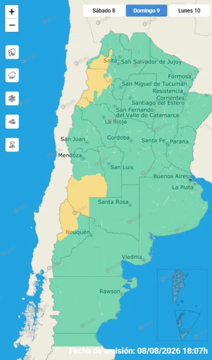 Este domingo, además de por frío extremo, rigen alertas por nevadas, vientos y Zonda
