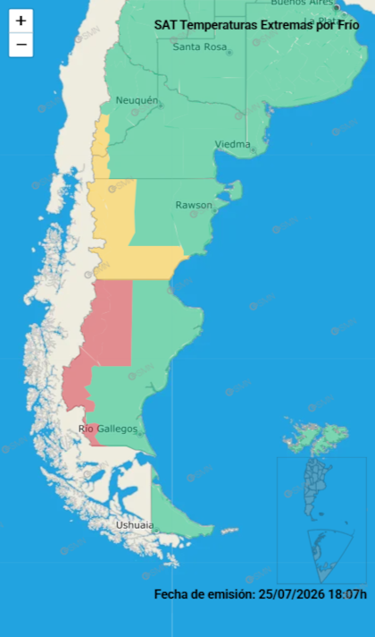 Este domingo, rigen alertas de nivel rojo y amarillo por frío extremo