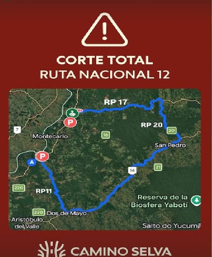 Este es el largo rodeo que deben realizar quienes viajen desde Posadas a Eldorado o Iguazú, dos de las principales ciudades de Misiones