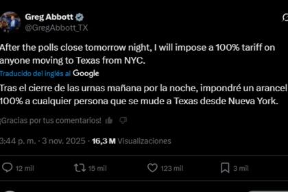 Este es el mensaje que dejó Abbott en redes sociales el lunes por la noche.
