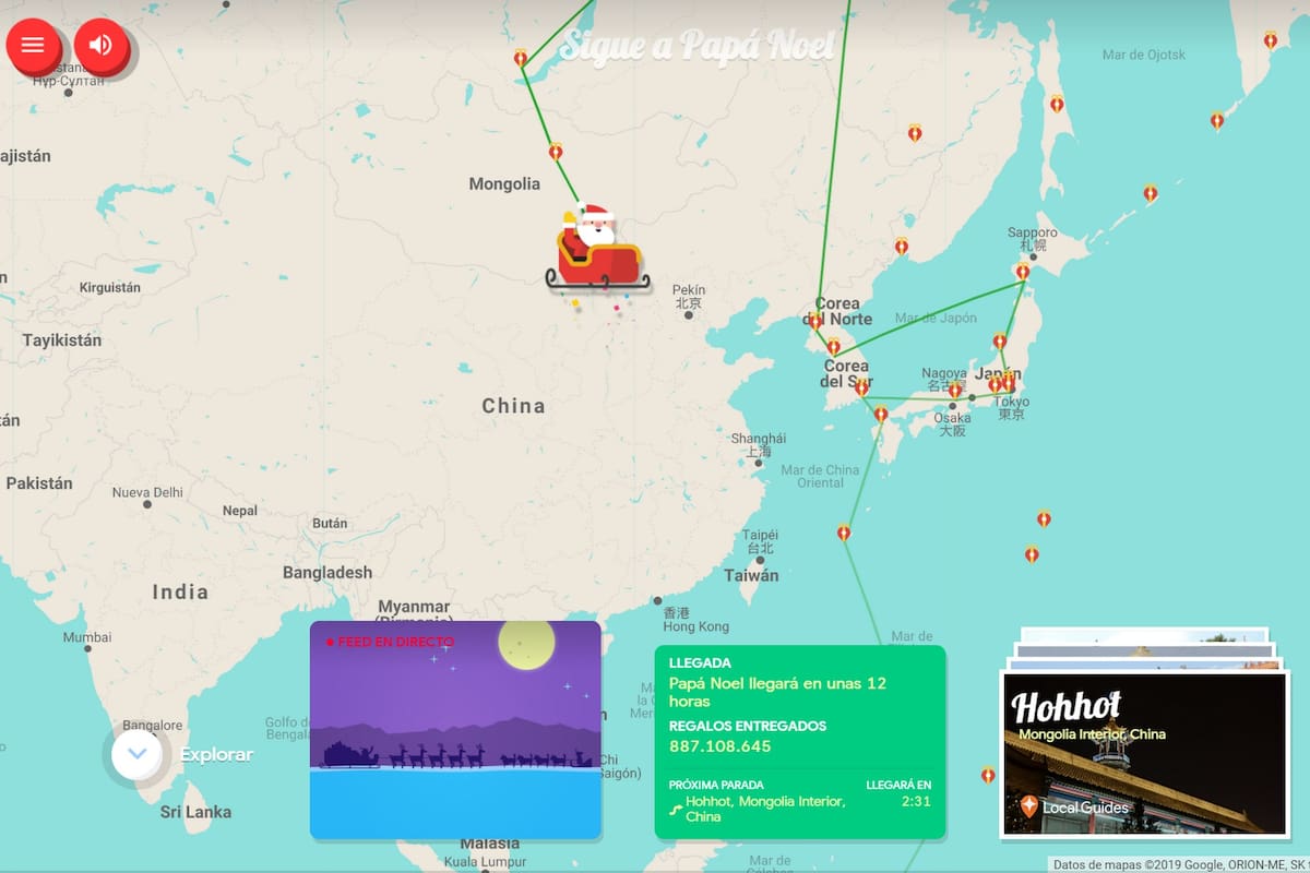 Este fue el paso de Papá Noel registrado por Santa Tracker, el sitio de Google que sigue el viaje en tiempo real
