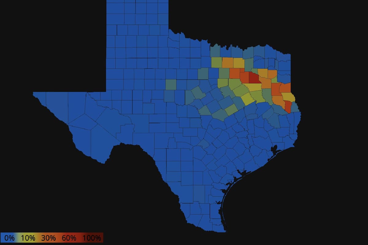 Este mapa muestra los condados de Texas con problemas en el suministro elécrico