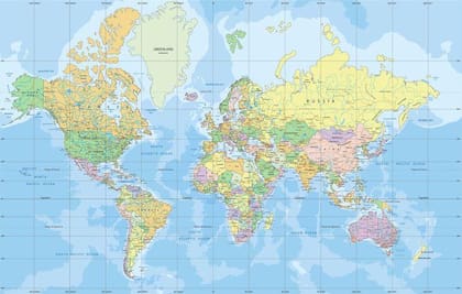 Este mapamundi, que usa la proyección de Mercator, muestra a Groenlandia de un tamaño similar a África. En realidad el continente tiene un área 14 veces mayor.