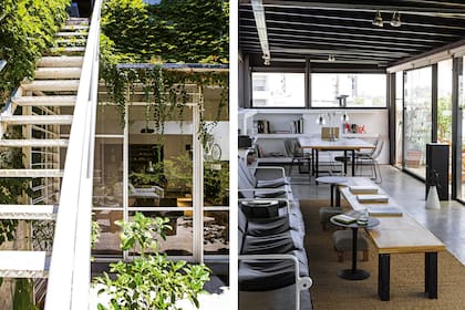 Este módulo se pensó como el estudio de Martín, pero también lo comparte con sus afectos fuera del horario de trabajo. En el escritorio, sillas ‘Bertoia’. Más acá, una mesa angosta y sillones de Hanna & Morrison para Knoll. Fotos: Santiago Ciuffo