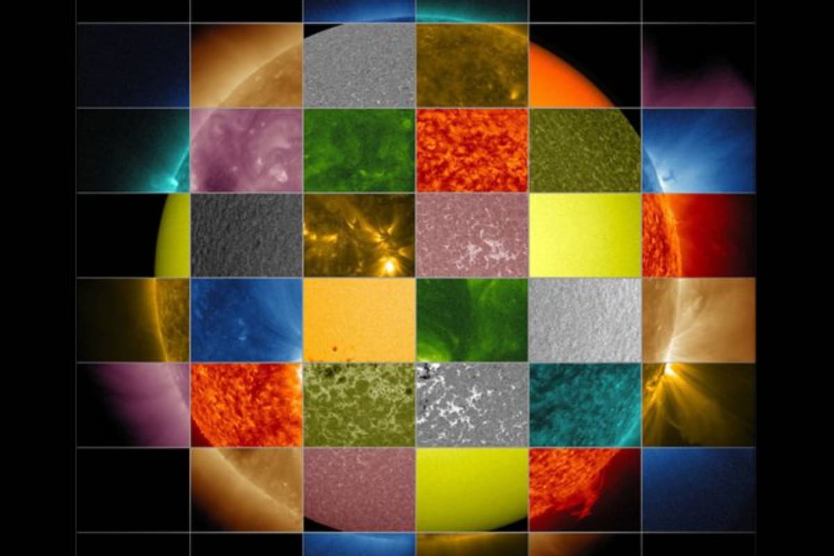 Este mosaico del Sol que hizo la NASA con fragmentos de imágenes captadas por diversas longitudes de onda, muestra la variedad de colores que emite el astro rey (y que, en conjunto, el ojo humano percibe como blanco)