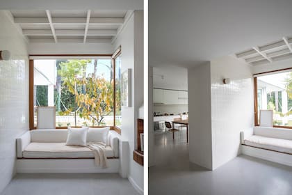 Este rincón vidriado ya existía, así como también el sillón de obra, para el que Ingrid retapizó la colchoneta y los almohadones. Revestimiento de cerámicos de 10x10 (Acuarela). Aberturas (Tecnoperfiles).