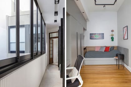 Este sector, ahora cerrado, se renovó con piso de porcelanato ‘Pietra Lombarda’ (SBG) y un largo ventanal (Valmetal). Todas las habitaciones tienen amoblamiento hecho a medida (Aserrín Hace Ran).