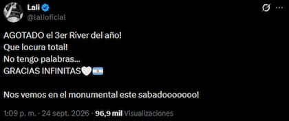 Este tercer recital de Lali en River también está agotado, como reveló en sus redes sociales