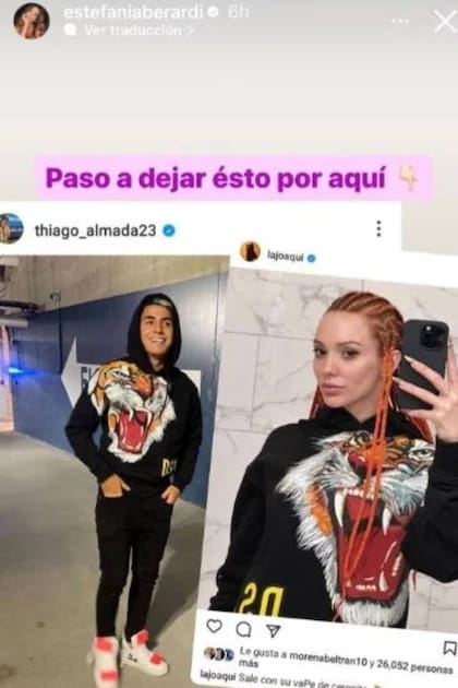 Estefi Berardi publicó en sus historias de Instagram las imágenes de Thiago Almada y La Joaqui con el mismo buzo puesto, algo que, según ella, puede indicar una relación entre ellos