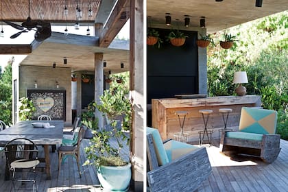 Estilo cantina, la barra junto a la parrilla se hizo bien alta y de madera rústica. Se completó con banquetas y mecedoras que Pablo Ledesma a hizo imagen y semejanza de un diseño brasileño.