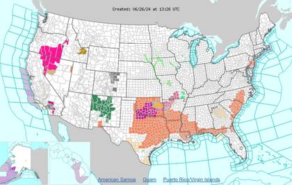 Estos son los estados afectados por la ola de calor (en naranja y violeta)