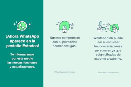 Estos son los mensajes que utiliza WhatsApp en la pestaña Estados para informar sobre los cambios y actualizaciones del servicio