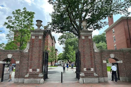 Estudiantes cruzan una puerta en la Universidad Harvard, el jueves 29 de junio de 2023, en Cambridge, Massachusetts. (AP Foto/Michael Casey)