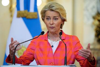 European Commission President Ursula von der Leyen speaks after a meeting with Argentina's President Alberto Fernandez at the government house in Buenos Aires, Argentina, Tuesday, June 13, 2023. (AP Photo/Natacha Pisarenko)