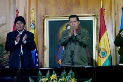 Evo Morales, Hugo Chávez y Daniel Ortega, gobernantes de los países de la Alternativa Bolivariana para los Pueblos de América (ALBA).