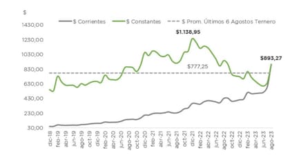 Evolución del precio del ternero en pesos corrientes y constantes