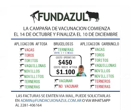 "Exaltación de la Cruz nos cobra $2900 y Fundazul $1550, un 87% más. Con el agravante de que Exaltación de la Cruz exige el pago anticipado y Fundazul da 60 días para pagar, con la única condición que si uno paga después de que se cerró la campaña, lo vas a pagar cuando empieces la otra al valor nuevo. Y, si vamos a los 60 días, Exaltación de la Cruz nos los lleva a $5000 cada dosis″, detalló el ganadero