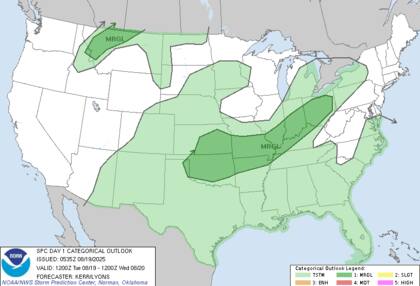 Existe un riesgo marginal de tormentas severas desde las llanuras centrales hasta el valle del Ohio, donde se prevén ráfagas de viento intensas que podrían acercarse a valores severos durante la tarde y noche del martes