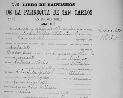 Expedito, tío abuelo de Javier Milei, fue bautizado en Buenos Aires como "Mileo".
