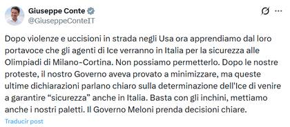 Exprimer ministro de Italia rechaza la presencia del ICE (X @GiuseppeConteIT)