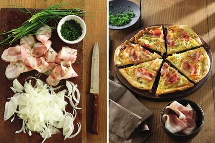 Exquisita pizza de cebolla y salvia. Si se agrega vino tinto y aceto a las cebollas, el resultado es una pizza gourmet.