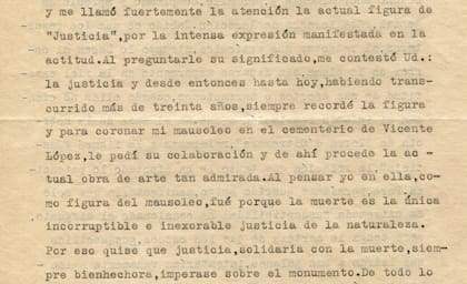 Extracto de la carta enviada por Carlos Delcasse a Rogelio Yrurtia, el 19 de julio de 1938: "...la muerte es la única incorruptible e inexorable justicia de la naturaleza...", explica el abogado a su amigo artista.