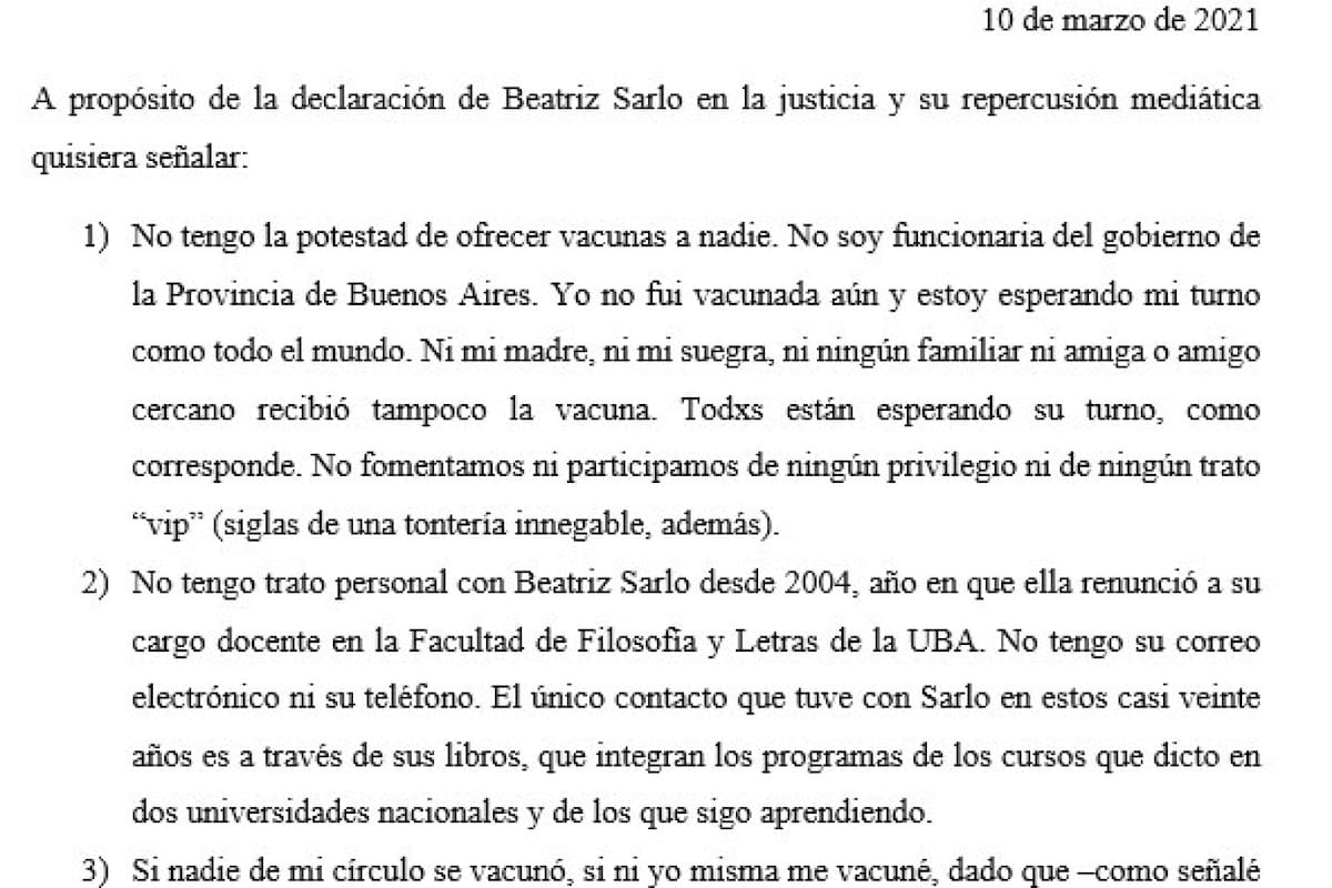 Extracto de la carta que publicó Soledad Quereilhac, en Facebook