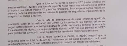 Extracto de un pedido de informes realizado por el Concejo Deliberante del municipio de Ramallo, provincia de Buenos Aires
