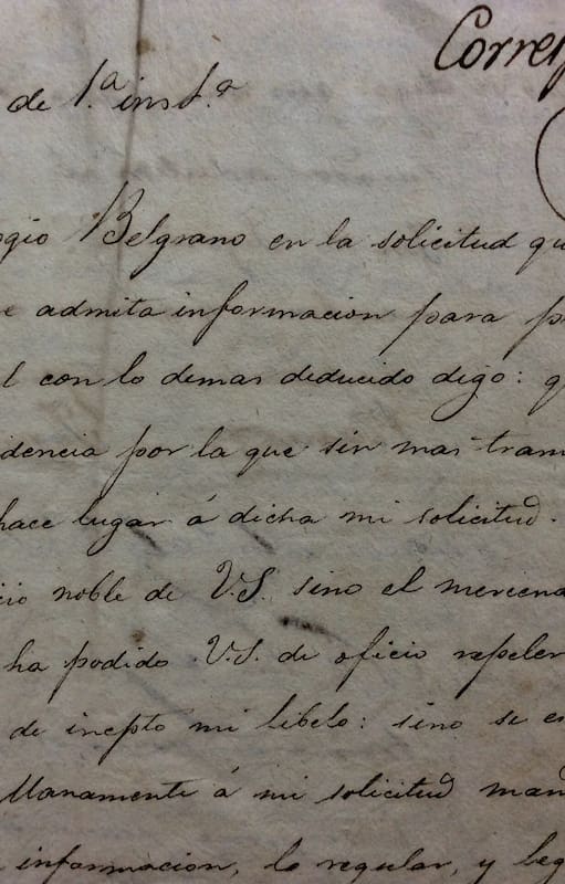 Extracto del juicio que llevó adelante Joaquín Belgrano en 1826 para reclamar una parte de la herencia. La causa integra el patrimonio del Archivo General de la Nación.