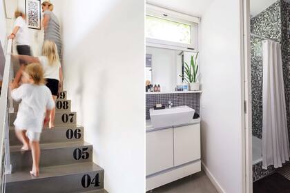 Fácil y al pie: con números pintados, se sumó onda a la escalera. En el baño, el revestimiento de venecitas tiene dinámico protagonismo.