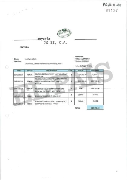 Factura de una joyería con compras de Zabala