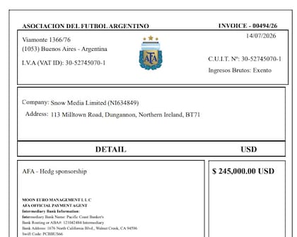 Factura emitida por la AFA con domicilio en la calle Viamonte