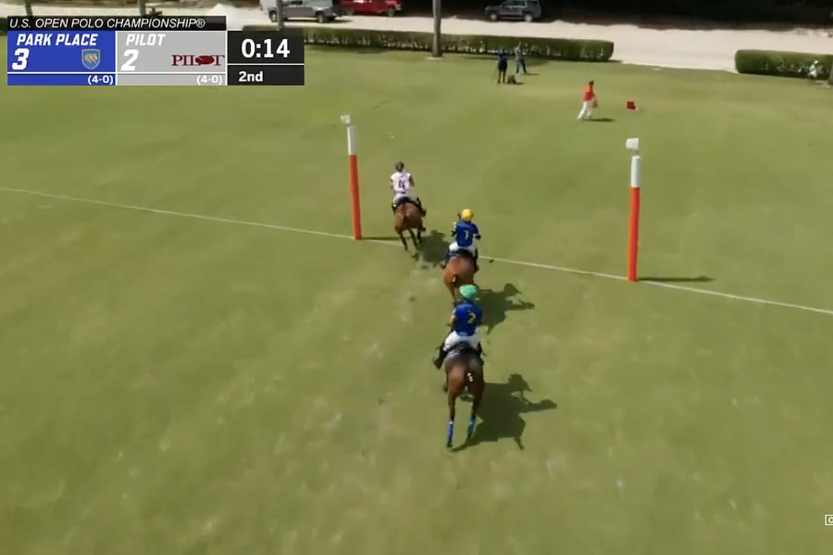 Facundo Pieres consigue para Pilot un 3-3 parcial frente a Park Place en la segunda semifinal del Abierto de Estados Unidos; la visión desde un dron hace mucho más claras las jugadas de polo.