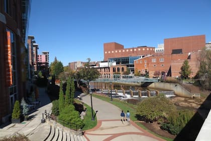 Falls Park on the Reedy, el parque más famoso de la ciudad, cuenta con un puente suspendido de más de 105 metros de largo