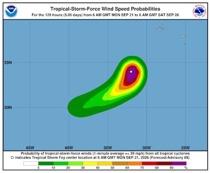 Fay presenta vientos máximos sostenidos de 104 km/h (65 mph) con ráfagas de hasta 120 km/h (75 mph)