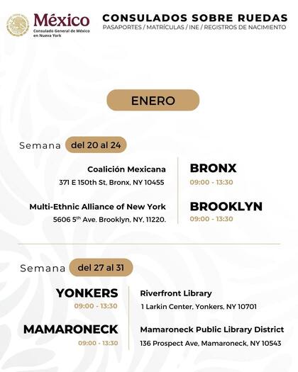 Fechas del consulado móvil de México en Nueva York (Consulado General de México en Nueva York)