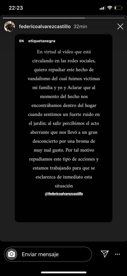 Federico Álvarez Castillo hizo su descargo en Instagram y dijo que trabajará para esclarecer la situación que le tocó vivir