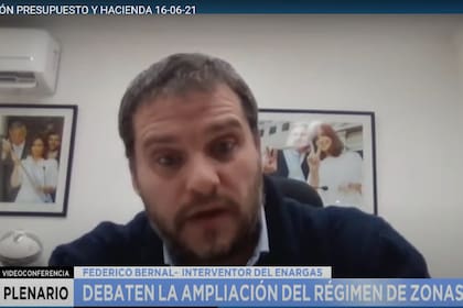Federico Bernal expuso ante el Senado, escoltado por las imágenes de Néstor y Cristina Kirchner y Alberto Fernández