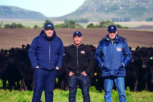 Federico Boglione, propietario de El Volcán; Pablo Veiga, responsable de Ganadería y Carlos Curone, asesor genético