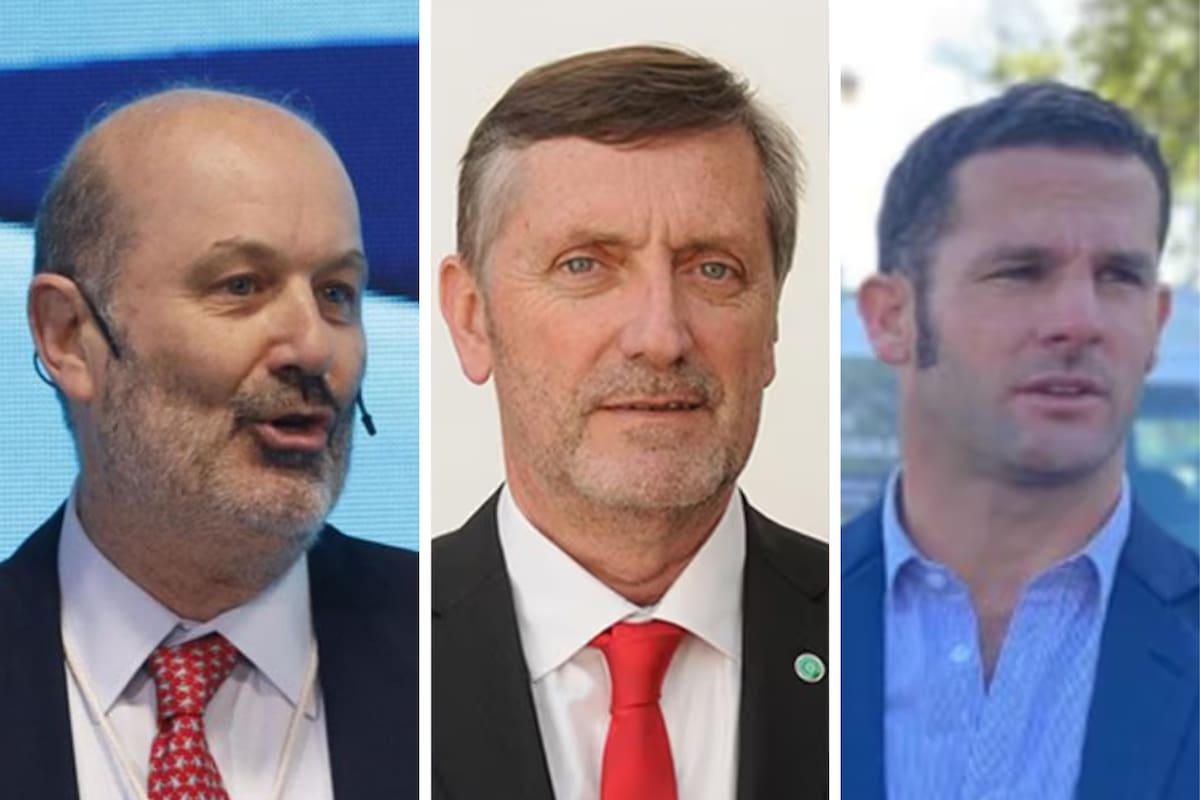 Federico Sturzenegger, ministro de Desregulación y Transformación del Estado; Elbio Laucirica, presidente de Coninagro, e Ignacio Kovarsky, presidente de la Confederación de Asociaciones Rurales de Buenos Aires y La Pampa (Carbap)