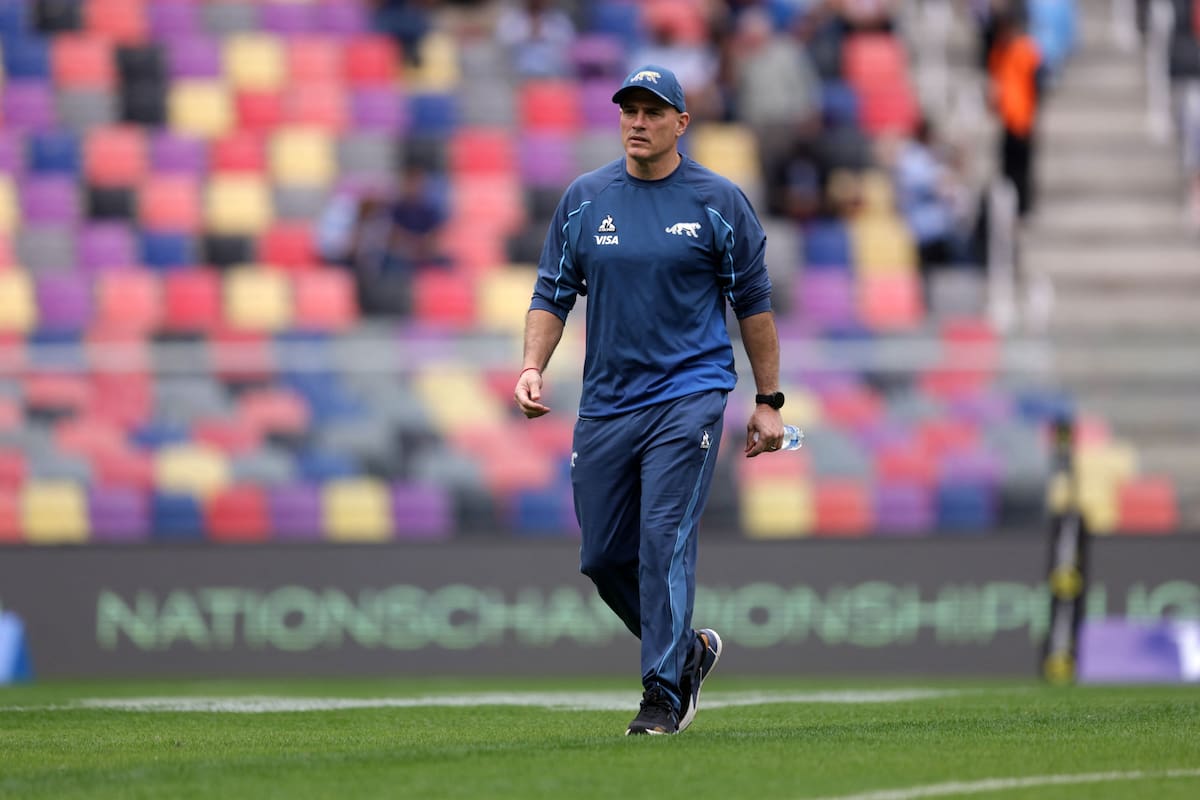Felipe Contepomi, head coach of Argentina, walks on the field before the Rugby Union Nations Championship match between Argentina and England at Unico Madre de Ciudades stadium in Santiago del Estero, Argentina, on July 18, 2026. (Photo by Juan GASPARINI / AFP)