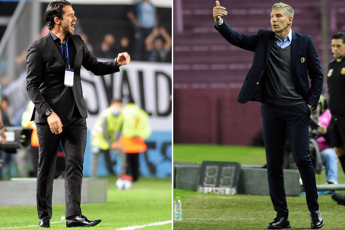 Fernando Gago, entrenador de Racing, y Martin Palermo, al frente de Aldosivi, en el que, justamente, reemplazó a Gago; este martes estarán frente a frente por los cuartos de final de la Copa de la Liga Profesional