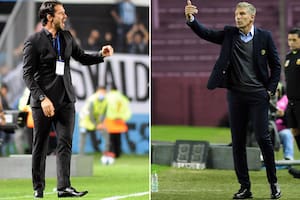 Fernando Gago, entrenador de Racing, y Martin Palermo, al frente de Aldosivi, en el que, justamente, reemplazó a Gago; este martes estarán frente a frente por los cuartos de final de la Copa de la Liga Profesional