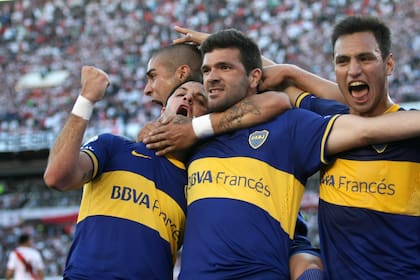 Festejo de Gigliotti frente a River: fue en 2013, con victoria de Boca por 1-0 con un gol suyo