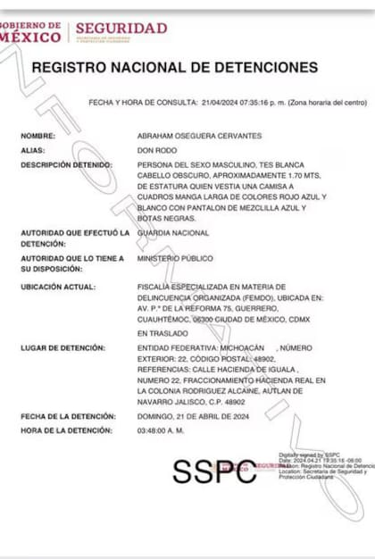 Ficha de arresto de Abraham Oseguera Cervantes, alias “Don Rodo”