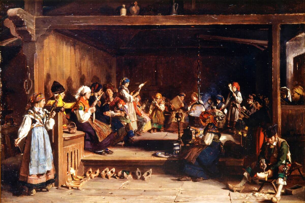 "Filandón en Monasterio de Hermo", una escena pintada por Luis Álvarez Catalá (Madrid, 1836-1901)
