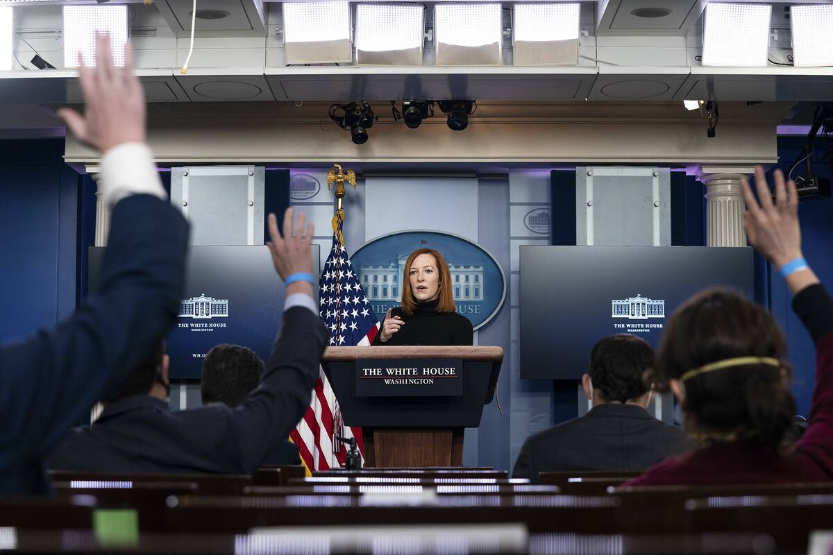 FILE -- Jen Psaki, the White House press secretary, takes questions from reporters at the White House in Washington, Feb. 16, 2021. Officials in President Joe Biden's administration are using former President Donald Trump's own tactics to adjust reality again, this time by erasing the words his predecessor used and by explicitly returning to ones that had been banished. (Anna Moneymaker/The New York Times)